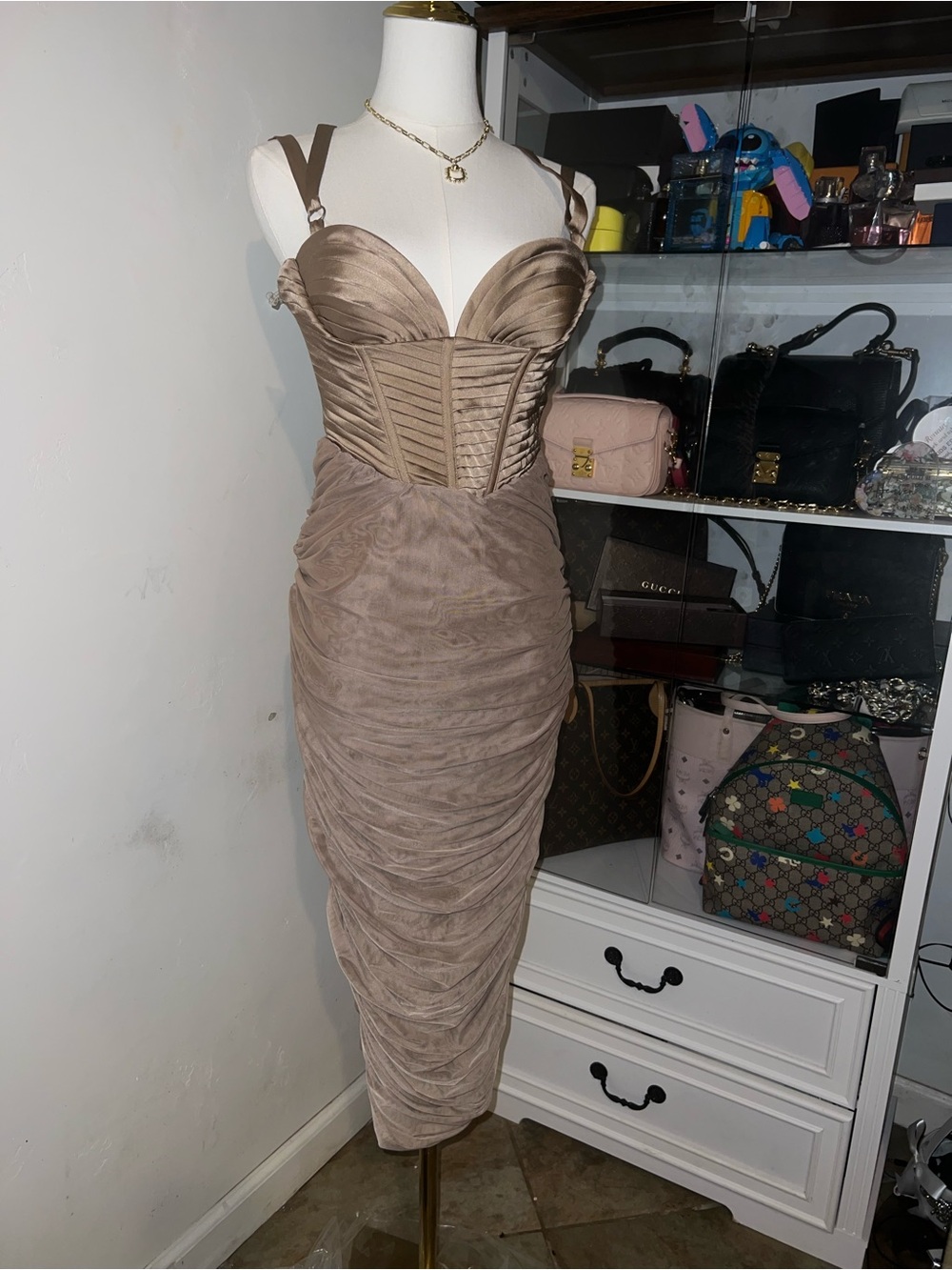House of CB Taupe Ruched Bustier Midi Dress - Picture 4 of 5